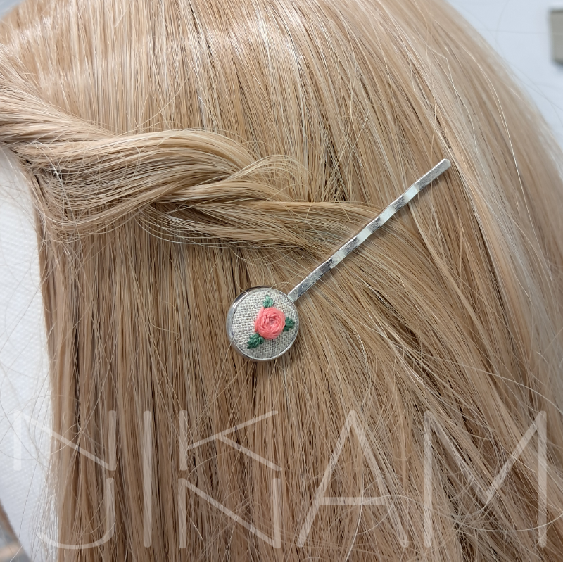 Vyšívané sponky do vlasů - růžová růže