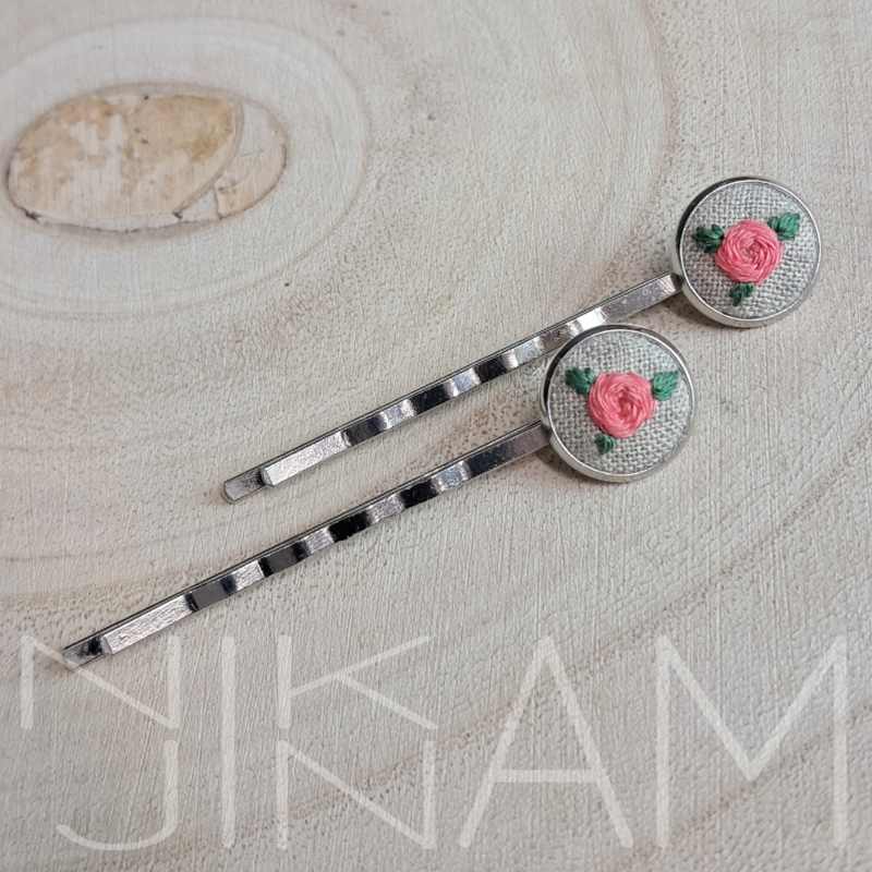 Vyšívané sponky do vlasů - růžová růže